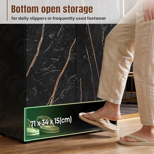 Image of ABOUT SPACE Shoe Cabinet - 7 Tier Shoe Rack with Door & Open Bottom Storage|Press Open 2 Door Engineered Wood Shoes Stand for Home | Adjustable Shelf Raised Legs 18-21 Pair | Black & Black Marble