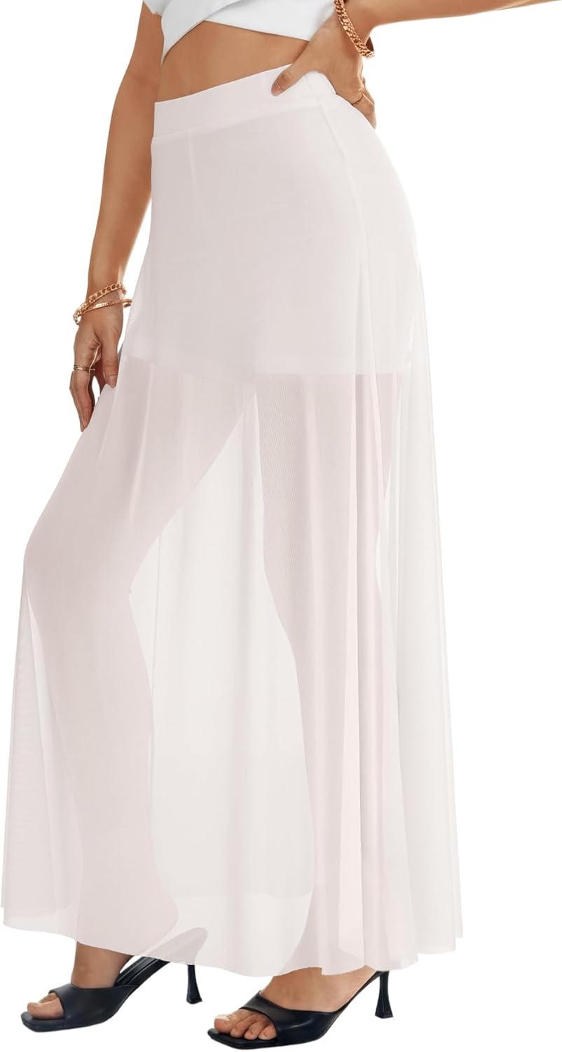 KIFOVEN Women's Sheer Mesh Maxi Skirt High Waist Flowy A Line See Through Long Skirt - Image 3