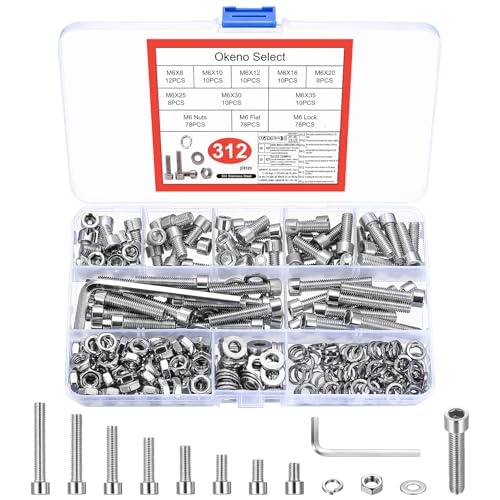 312 Stk M6 Schrauben Set, Sechskantschrauben mit Muttern Set,Zylinderschrauben mit Innensechskant Schrauben Muttern Sets,Edelstahl Gewindeschrauben Maschinenschrauben mit Unterlegscheiben Sortiment