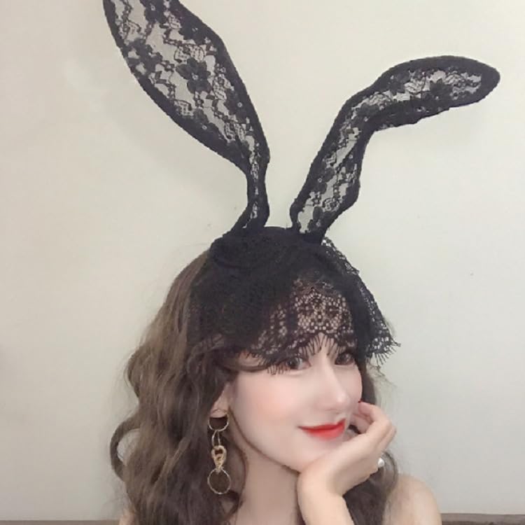 Miniatura 7 de Diadema de encaje con orejas de conejo, velo negro, diadema para el pelo para discotecas, Pascua, día de la madre, Navidad, accesorios de decoración