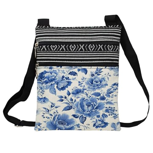 Blue White Porcelain Messenger Bag Small Ethnic Pattern Printed Adjustable Strap Crossbody Zipper Bag Blue White Porcelain Phone Bag Wallet Cute Shoulder Handbag for Women - 3