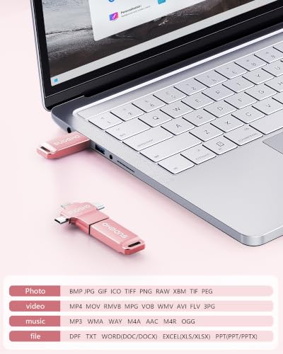 Image of MFi Certified Photo Stick 256GB USB 3.0 Flash Drive for iPhone, 4 in 1 External Memory Thumb Drive for Picture Video Saver and Backup, High Speed USB 2.0 Memory Stick for iPhone /iPad /Android /PC (Pink)