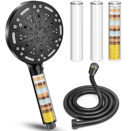 Alcachofa de Ducha con Filtro 8+2 Modos Ahorro de Agua Cabezal de Ducha, Alcachofa Ducha Antical con Manguera de 1.5M, Cabezal de Ducha de Mano Alta Presion(Negro con tubo)