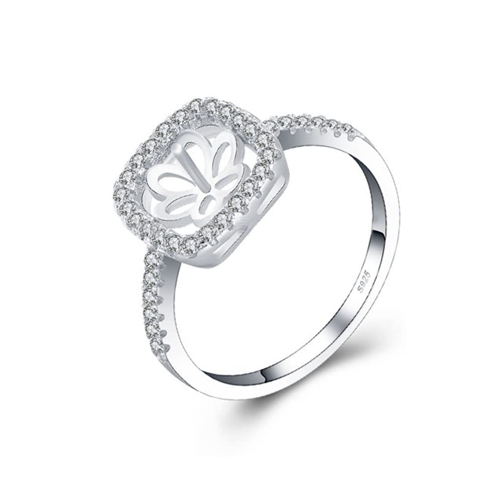 LGSY Sterling Silver CZ Square Rings Mounting for Women, Design Ring Fitting Accessory for DIY Pearl Jewelry Making