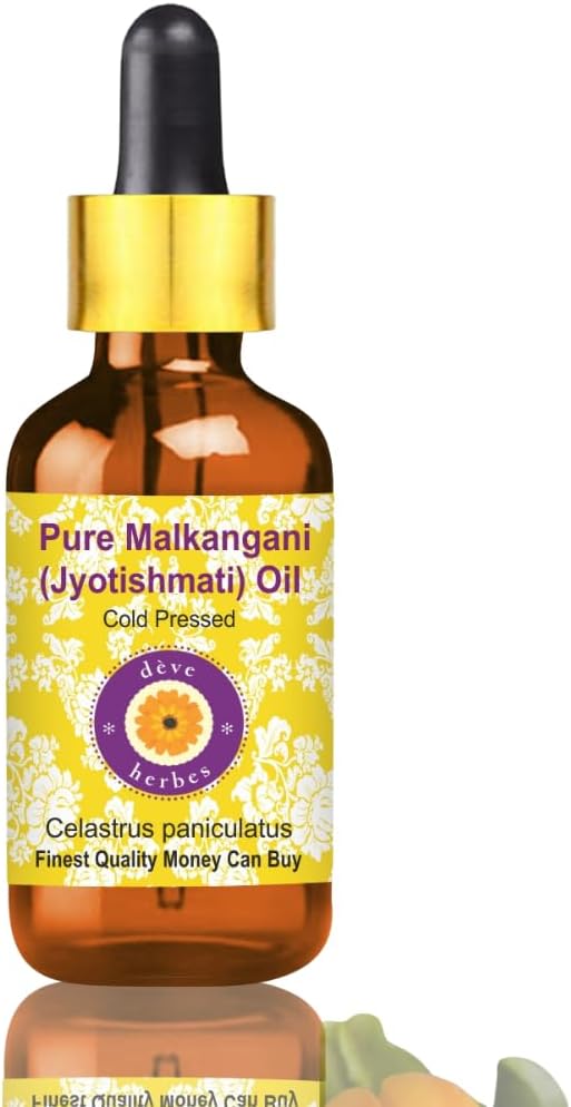 Deve Herbes Pure Malkangani (Malkangni/Jyotishmati) Oil (Celastrus paniculatus) with Glass Dropper Cold Pressed 15ml (0.50 oz)