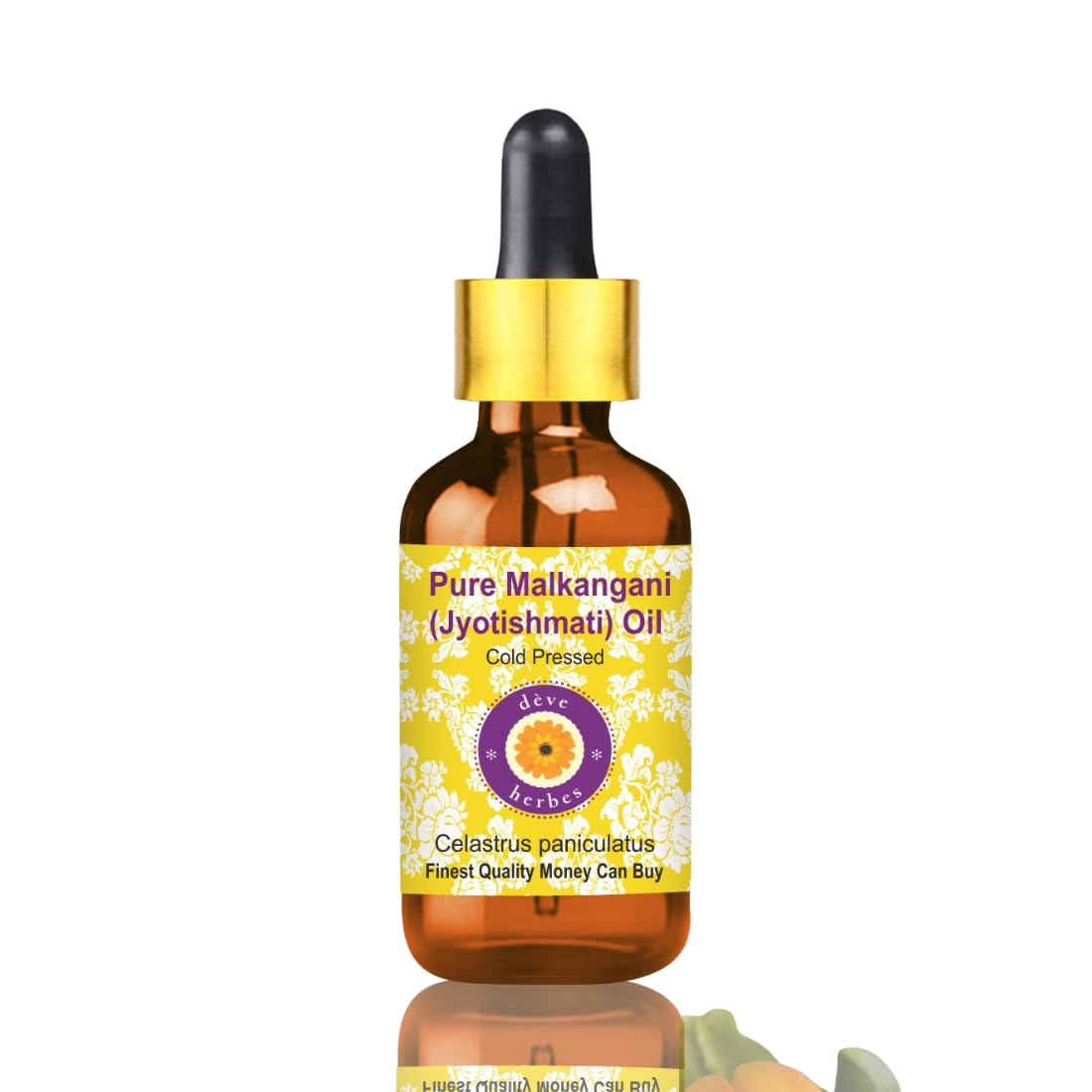 Deve Herbes Pure Malkangani (Jyotishmati) Oil (Celastrus paniculatus) with Glass Dropper | Cold Pressed | Brain & Memory Support | Natural | Undiluted | For Diluting Essential Oils | Skin & Massage | Unisex | 15ml