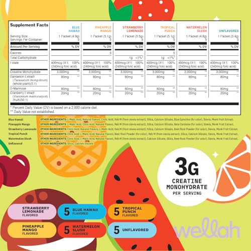 Image of Wellah Creatine for Women (Variety Pack) 30 Stick Packs - 3g of Creatine Monohydrate Powder with Dandelion & Cranberry Extract, 6 Flavors, to-Go Packets