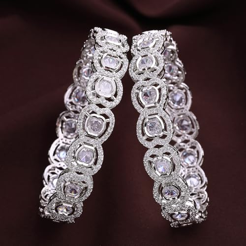Image of ZENEME Rhodium Plated Silver Toned White American Diamond Studded Bangles Set Of 2 For Women & Girls