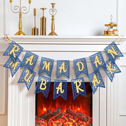 SmoothNovelty 2 Pcs Wooden Ramadan Mubarak Banner Eid Decor, Blue Chip