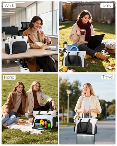Lunch Tote Bag for Women, 15.6" Laptop Tote Bag with Insulated Lunch Compartment, for Office Work Teacher Picnic Nurse (Black White) — view 4