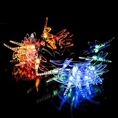 SPV Lights - 30 Multi-Colour LED Dragonfly Solar Powered Fairy Lights - Waterproof Solar Decoration String Lights with Built-in Night Sensor - for Christmas, Outdoor, Garden, Fence, Patio, Yard, Walkway, Driveway, Shed, Garage, Path, Ornament, Stairs