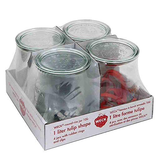 Weck Einkochgläser 4er Set 1 Liter Komplettsett Gummiring Klammer Sturzglas