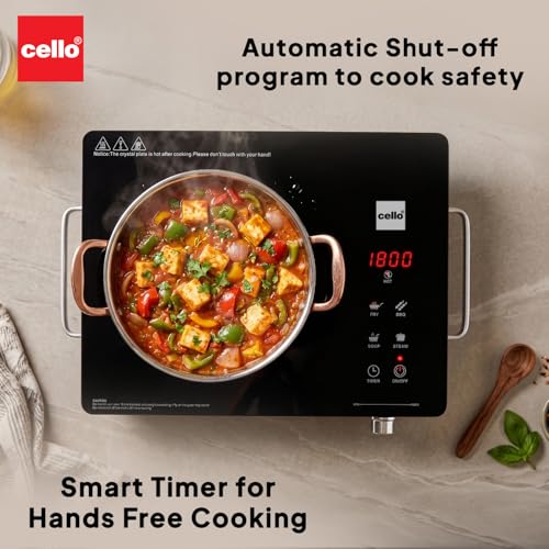 Image of CELLO Blazing Heat Max Infrared Cooktop Stove 2200W Black | Crystal Glass Top Plate, Digital Display, Sensor Touch Controls, 4 Preset Menu & 4KV Surge Protection | For Frying Boiling | 1 Year Warranty