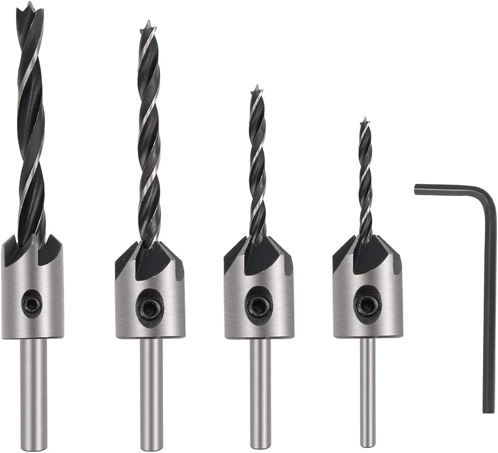 uxcell Countersink Drill Bits for Wood 3mm to 6mm Adjustable Reamer with Hex Wrench for Punch Tool Woodworking Carpentry DIY HSS 4in1 Set