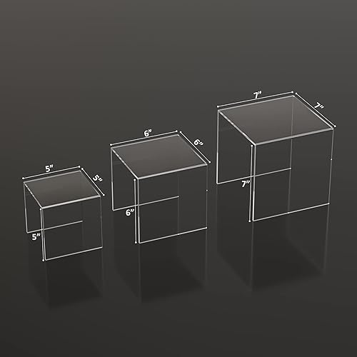 Miniatura 69 de Juego de 3 elevadores cuadrados de acrílico para mesa de postres, estante de exhibición de acrílico transparente para Funko Pop, cupcakes, juguetes