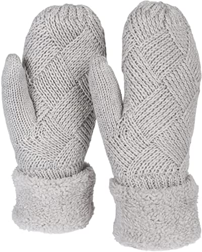 styleBREAKER Damen warme Winter Strick Fäustlinge, Handschuhe mit Rauten Muster, Thermo Fleece, Strickhandschuhe 09010031, Farbe:Hellgrau