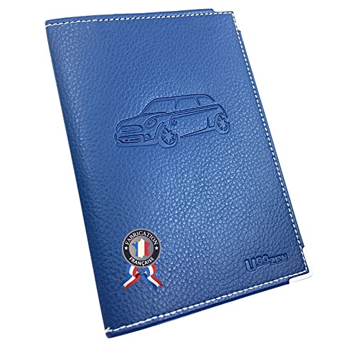 Ugozen Pochette Carte Grise Luxeo | Porte Papier Voiture Etui 3 Volets Cristal Inclus. Bleu