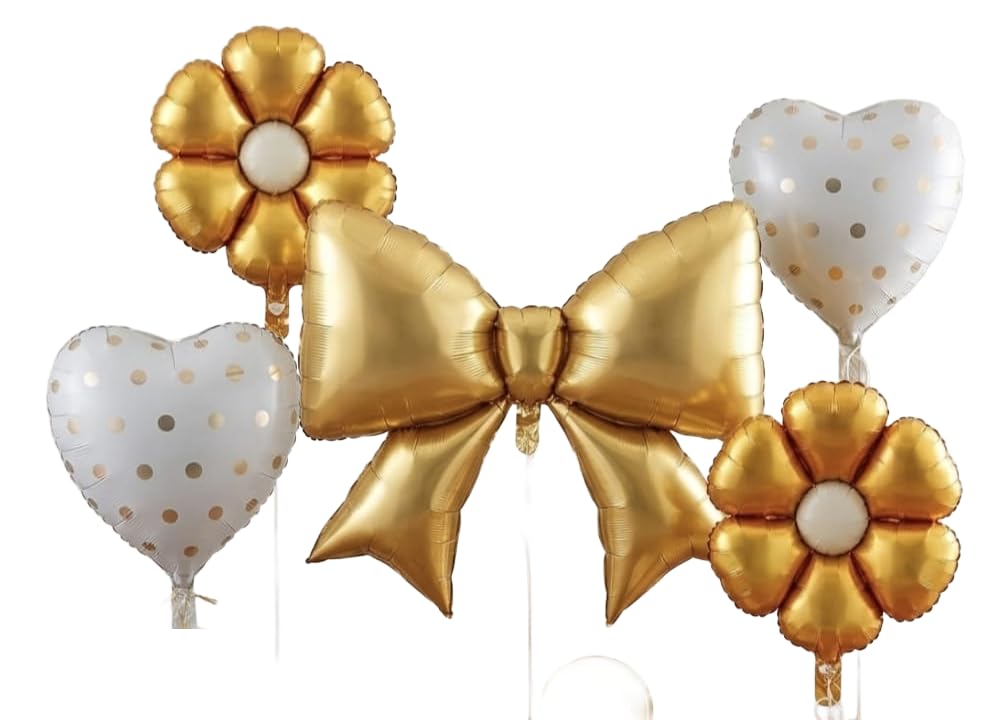 Bow Balloon Kit with Golden Bow, Flower, and Polka Dot Heart Foil Balloons for Birthday, Baby Shower, Wedding, Bow BAlloon Decor-image-44