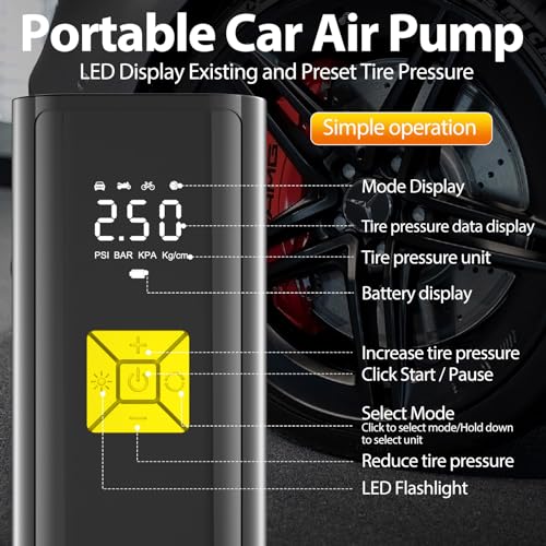 Journeyside Draagbare luchtcompressor, 150 psi, draagbare elektrische luchtcompressor voor auto, draadloze luchtcompressor, elektrische luchtcompressor voor zaklamp, luchtcompressor voor auto, fiets, - Afbeelding 3