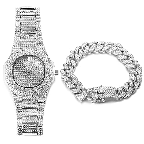 Halukakah Gold Watch Iced Out,Men's Platinum White Gold Plated Quartz Wristband 9.5'(24cm),with Cuban Link Chain 8'(20cm) Bracelet Set,Full Cz Diamonds,Free Giftbox