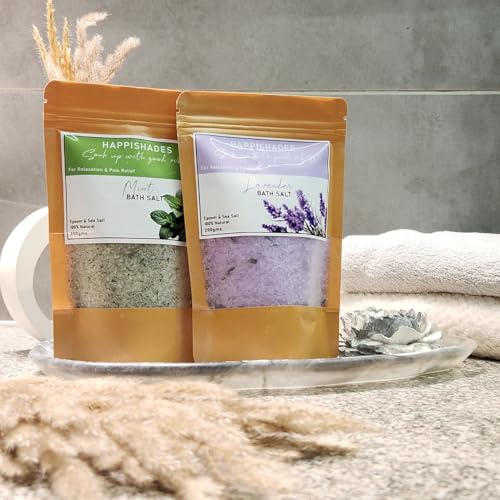 Image of Happishades Bath Salt | For Body & Foot Spa, Calming, Relaxing, Muscle Aches Pain Relief, Aromatherapy | Pure & Natural Epsom, Sea Salt & Essential Oils - 200 grams (Lavender & Mint)