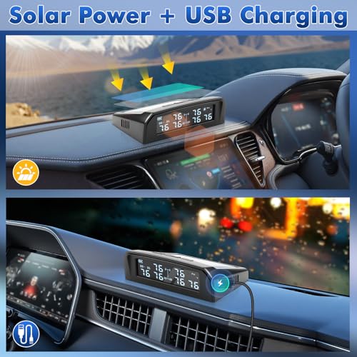 Tire Pressure Monitoring System,2025 Upgrade TPMS with 6 Sensors,Solar &USB Charging,LCD Display,6 Alarm Modes,Suitable for 6 Wheel Vehicles,Tire Monitoring System for Trucks/RV/Buses/Trailer(144psi) - Image 4