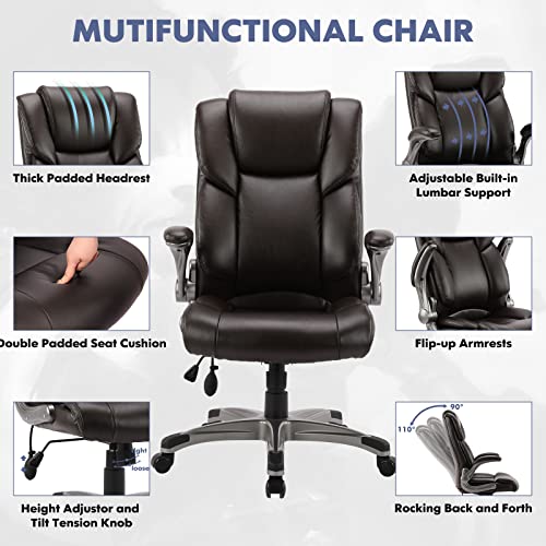 High Back Executive Office Chair- Ergonomic Home Computer Desk Leather Chair With Padded Flip-Up Arms, Adjustable Tilt Lock, Swivel Rolling Chair For Adult Working Study-Brown #TOP3