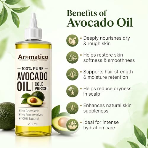 Image of AROMATICO Cold Pressed Avocado Oil for Hair & Skin - Avocado Hair Oil for Deep Conditioning, Dry & Damaged Hair | Nourishing Body Massage Oil | 200ml