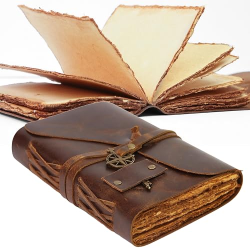 Wanderings Vintage Leather Journal - 5" x 7" - Antique Handmade Leather Bound Journal with Old Fashioned Deckle Edge Paper - Vintage Notebook for Diary, Book of Shadows, Writing, Grimoire, Sketching