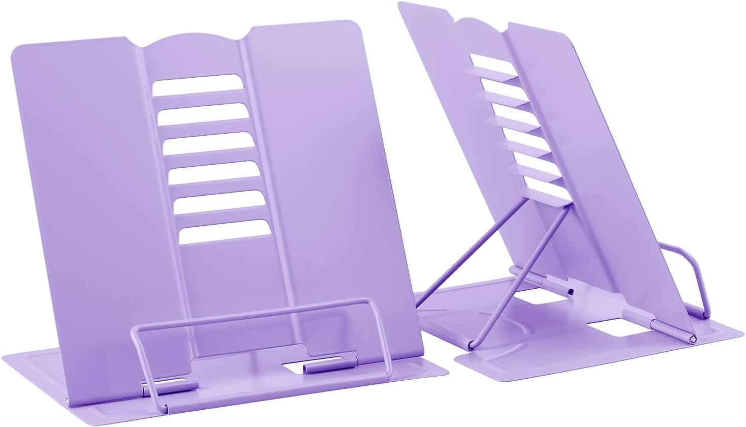 CooToly Metal Desk Book Stand,[2 Pack] Adjustable Cookbook Documents Holder Portable Sturdy Bookstands for Recipes Textbooks Tablet Music Books Purple