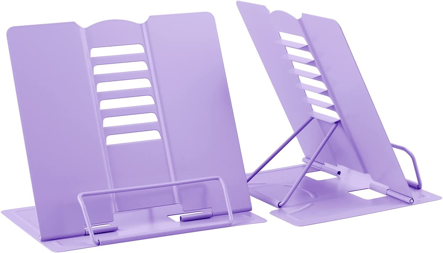 CooToly Metal Desk Book Stand,[2 Pack] Adjustable Cookbook Documents Holder Portable Sturdy Bookstands for Recipes Textbooks Tablet Music Books Purple