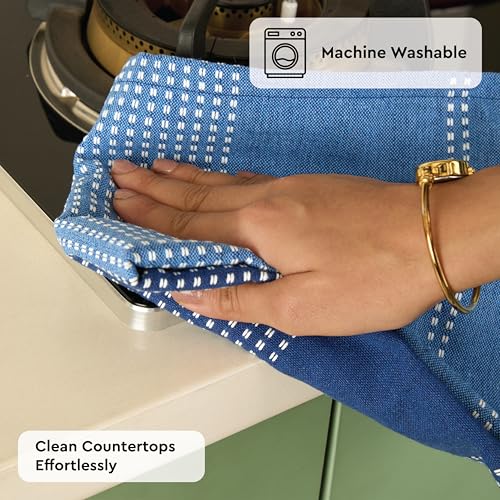 Image of Encasa XO Cotton Kitchen Towel Set - Super Absorbent 70x45 cm Tea Towels & Dish Cloths for Washing Up, Drying Dishes, and Cleaning - Ultra Soft and Durable - Pack of 4 - Blue