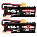 HOOVO 2S LiPo Battery 7.4 V 5200 mAh 80C Hard Case with XT60 Plug Batteries Replacement Battery for RC Car Truck Helicopter Aeroplane Rock Crawler Aeroplane Truck Boat (2 Packs)