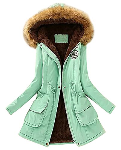 Minetom Damen Winterantel Wattierter Parka Coat mit Pelzkapuze Winterparka Warme Lang Winter Mäntel Outdoorjacke Outwear Grün Erbsen DE 44