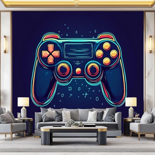 Consolas de videojuegos en un mural azul que transforma tu zona gaming en casa 2