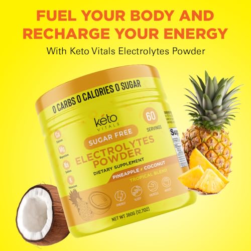 Image of Keto Vitals Electrolytes Powder - Sugar Free Keto Electrolytes Powder with Potassium, Magnesium, Sodium, & Calcium - No Sugar Electrolyte Drink Mix & Hydration Powder, 60 Servings, Pineapple Coconut