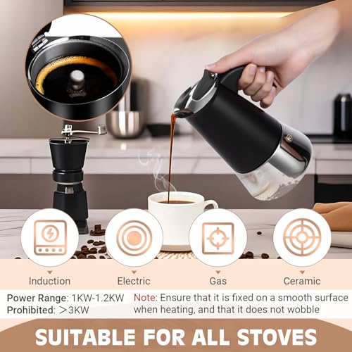 Image of Moka Pot, 4 Cups (7.1 oz) Stovetop Espresso Maker, 304 Stainless Steel Moka Pot, Induction Compatible, Black