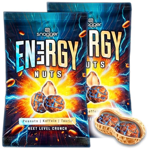 SNAGGER ENERGY NUTS - 2x 90g Erdnüsse geröstet & gesalzen mit Koffein & Taurin – Gamer Snack mit Energy Kick – wie ein Energy-Drink – mit Honig verfeinert