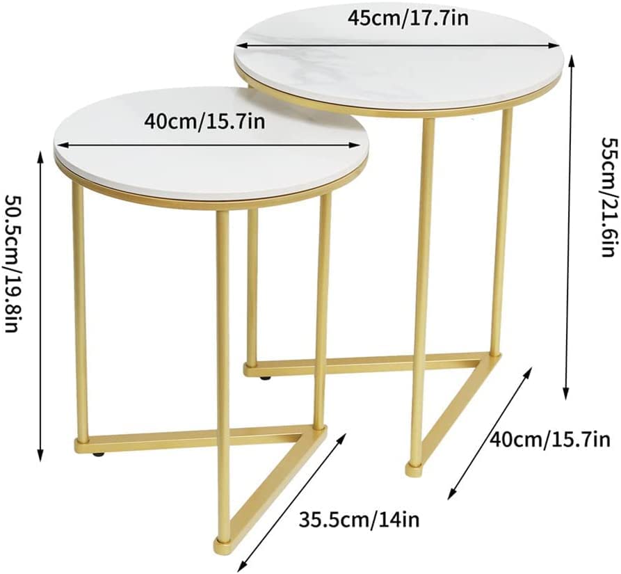 Image of Marble Top Side Table Gold 2 Nesting Small Sofa End Table Round Bedside High Gloss Sintered Marble Tabletop Golden Metal Leg Nested Accent Table Living Room Office (Style-3)