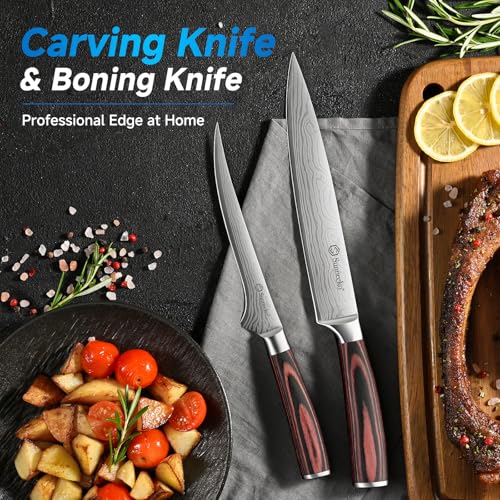 Image of Sunnecko Knife Set with Block and Sharpener, 15 Pcs Kitchen Knife Block Set