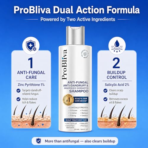 Image of ProBliva Balanced Antifungal Shampoo - Scalp Treatment for Seborrheic Dermatitis, Dandruff, Flakes, Itch & Dryness - Zinc Pyrithione 1% & Salicylic Acid 2% Dual-Action for Fungus & Buildup (8.4 fl oz)