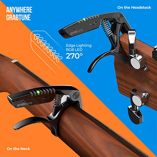 JOWOOM Grabtune Acoustic Guitar Capo-Tuner | 2 In 1 Equipment | Precise and Accurate Tuning System | Full Color LED Edge Lighting Display | USB Rechargeable Battery | Chrome Plating (Black) - Thumbnail 6