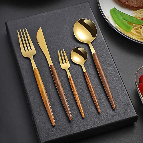 Image of Gold Flatware Matte Wooden Handle Stainless Steel Tableware Sets for 3 Including Forks Spoons Knives, Camping Silverware Travel Utensils Set Cutlery(Gold, Set of 15)