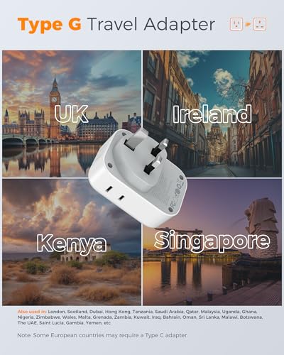 Image of TESSAN US to UK Plug Adapter PD 20W, Type G Travel Converter with 3 USB Charger(1 USB C Port), 4 Outlets Power Adaptor for USA to Qatar Ireland Hong Kong England Scotland Kenya Dubai London British | 3 USB Charger (1 USB C Port), 4 Outlets, Travel Converter