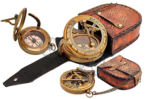 Hanzla Collection Cadran solaire en laiton à bouton poussoir avec boîtier en cuir et chaîne - Finition antique - Cadran en cuivre - Beau cadeau fait main - Accessoire steampunk Cover