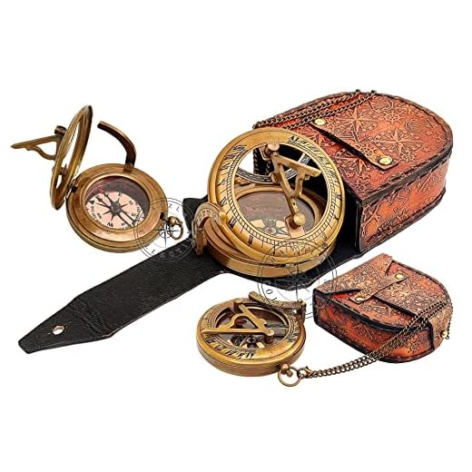Antiquated Finish Brass Sundial with Leather Case - Copper Dial Compass & Sun Clock - Beautiful Handmade Gift Steampunk Accessory