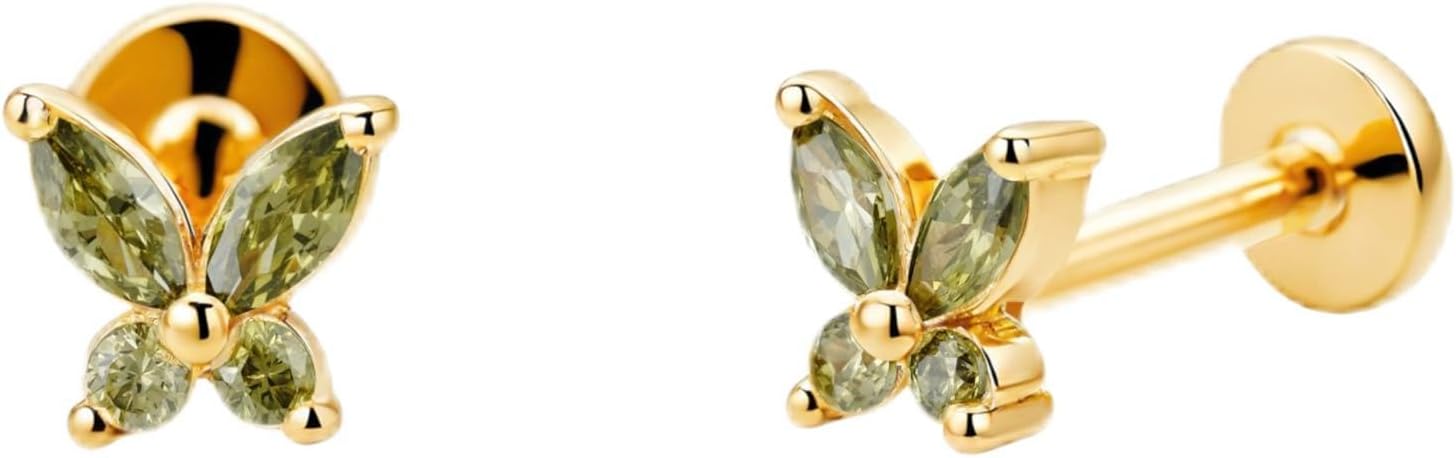 CAITLYNMINIMALIST 18K Gold Plated Sterling Silver CZ Birthstone Butterfly Dainty Flatback Stud Earrings for Women