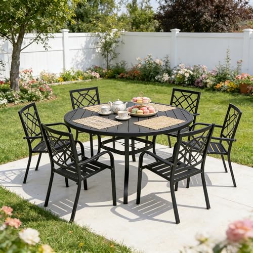 Image of SUNCROWN 7-Piece Outdoor Wrought Iron Chairs and Table Patio Dining Furniture Set - 6 Stackable Metal Chairs, 1 53 inch Round Steel Slat Bistro Table for Garden Backyard Deck