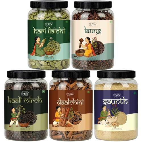 Image of LILA DRY FRUITS Indian Tea Spices Chai Masala Combo | Sonth, Dalchini, Laung, Kali Mirch & Hari Elaichi 100 Gms Each