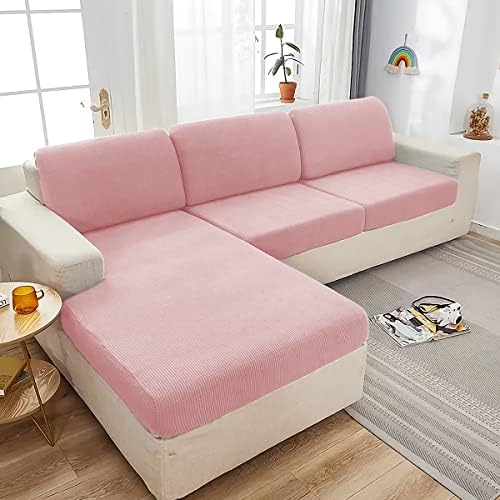 AUFTEIL Sectional Couch Covers 4 Pieces L Shape Sofa Covers，Anti-Slip Individual Seat Cushion Chaise Covers，High Stretch Couch Cushion Covers for Both Left/Right Sectional Couch(4 Seater,Pink)